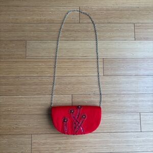 Vintage red satin beaded half moon purse